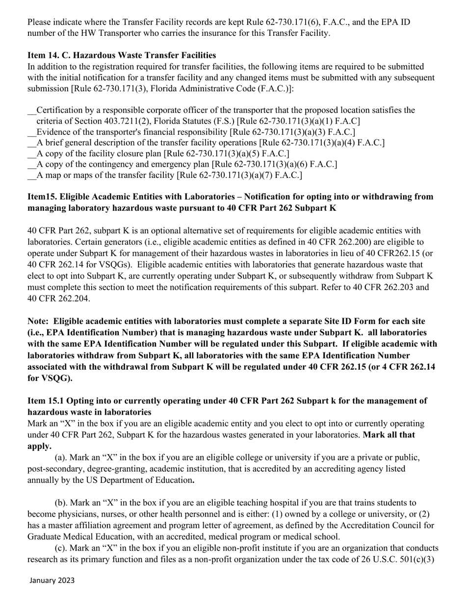 Instructions for Form 8700-12FL, DEP Form 62-730.900(1)(B) Florida Notification of Regulated Waste Activity - Florida, Page 9