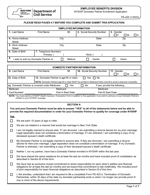 Form PS-425 Nyship Domestic Partner Enrollment Application - New York