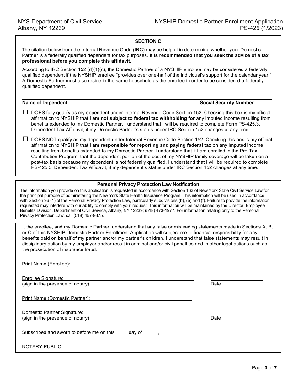 Form PS-425 Nyship Domestic Partner Enrollment Application - New York, Page 3