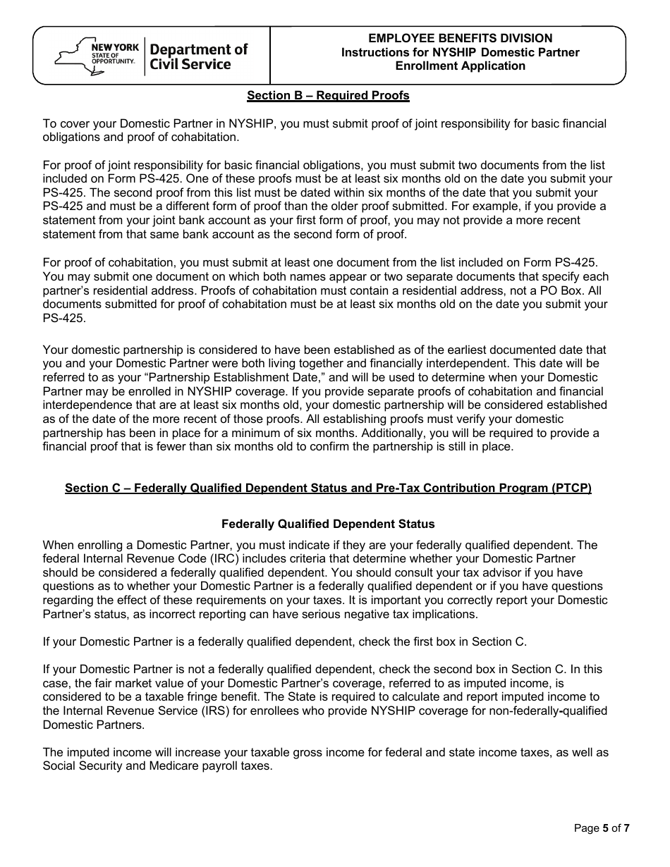Form PS-425 Nyship Domestic Partner Enrollment Application - New York, Page 5