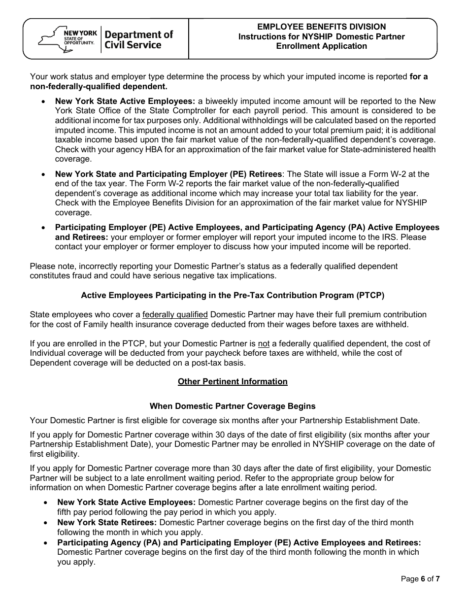 Form PS-425 Nyship Domestic Partner Enrollment Application - New York, Page 6