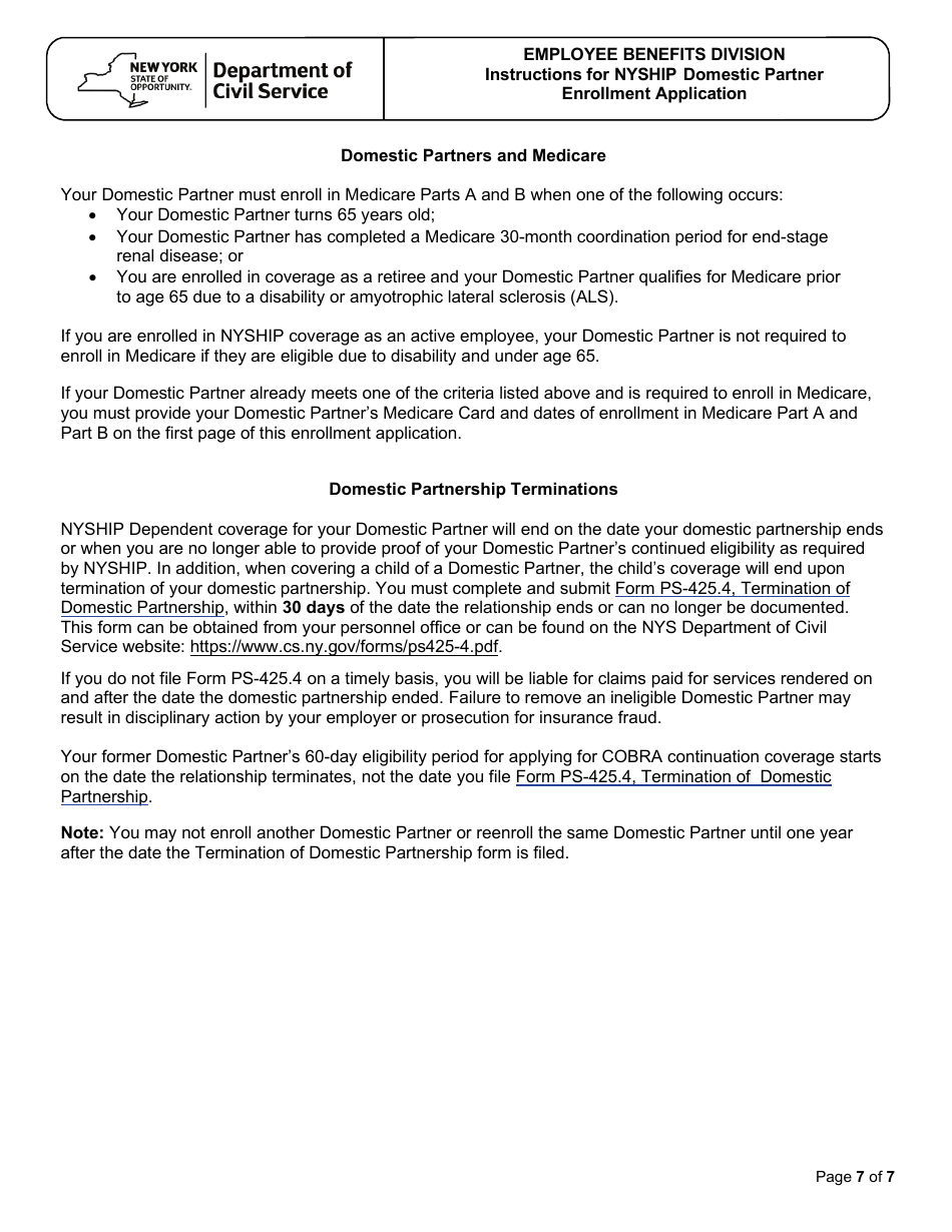 Form PS-425 Nyship Domestic Partner Enrollment Application - New York, Page 7