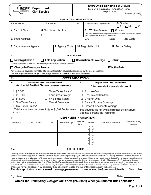 Form PS-934 M/C Life Insurance Transaction Form - New York