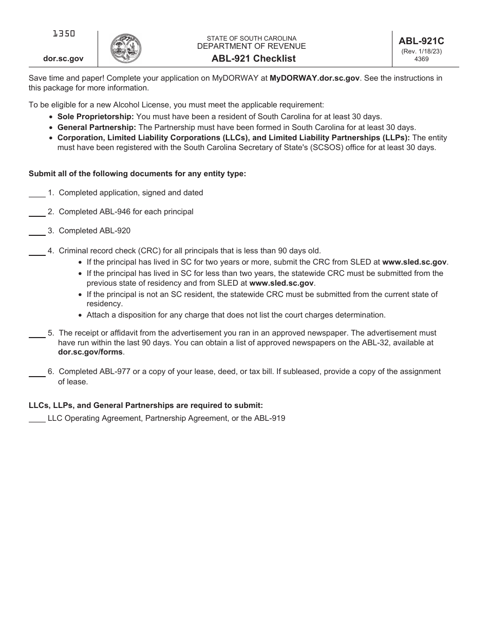 Form ABL-921C Application for Liquor Producer Warehouse License - South Carolina, Page 1