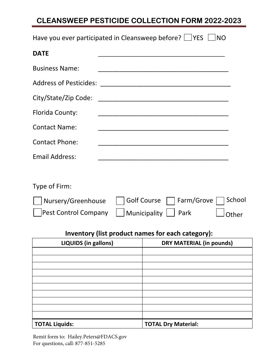 Cleansweep Pesticide Collection Form - Florida, Page 1
