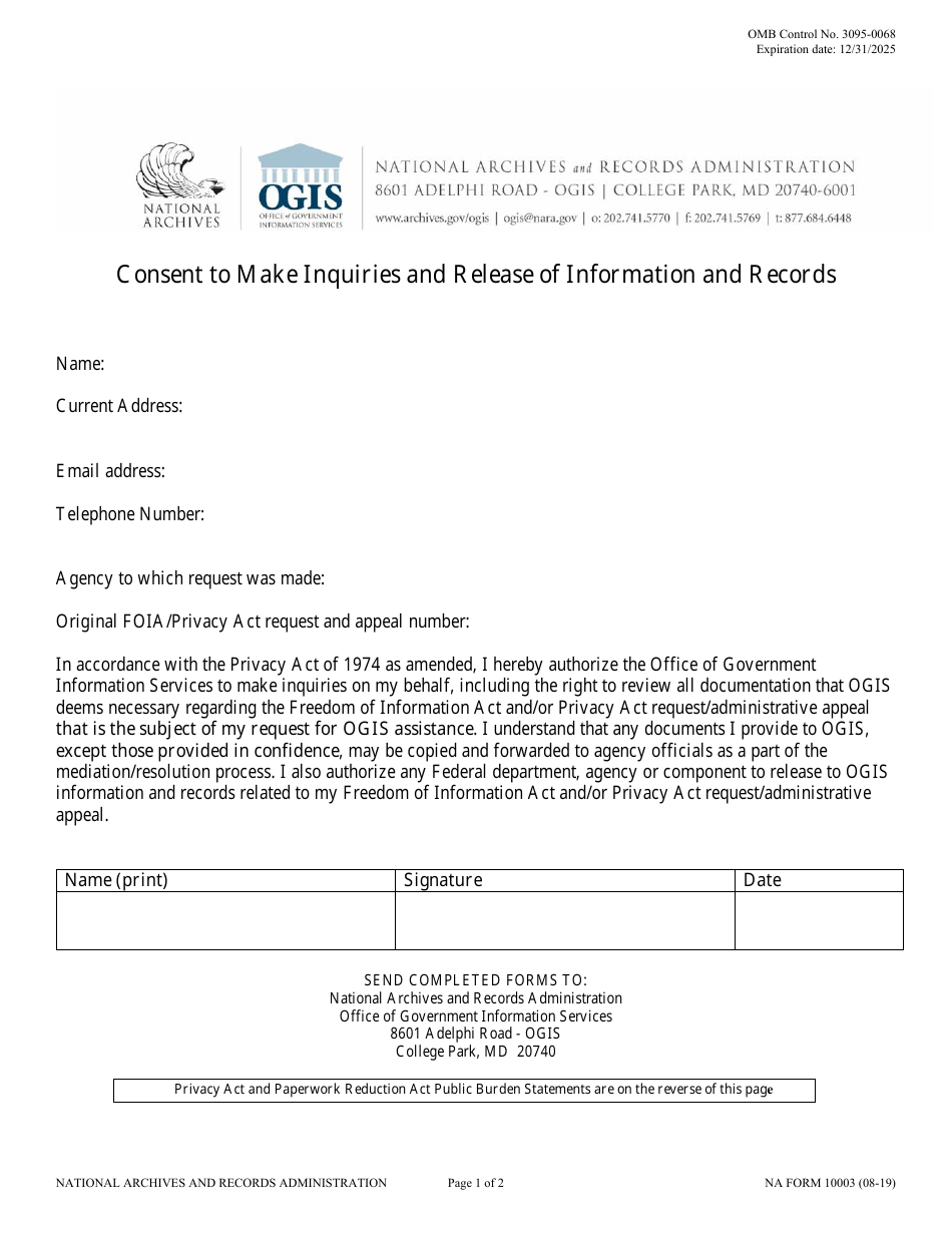 NA Form 10003 Consent to Make Inquiries and Release of Information and Records, Page 1