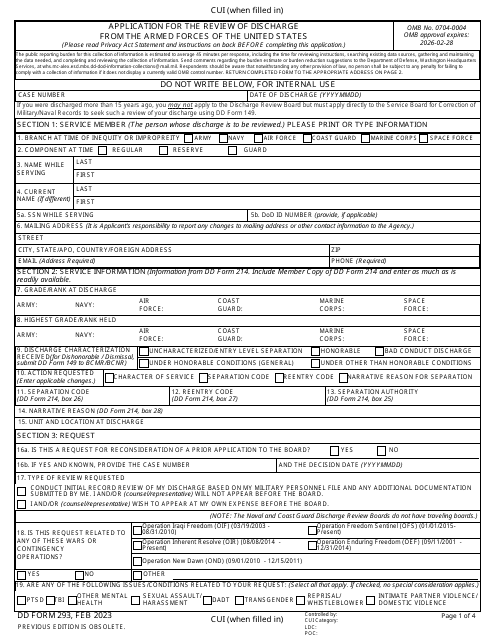 DD Form 293 Application for the Review of Discharge From the Armed Forces of the United States