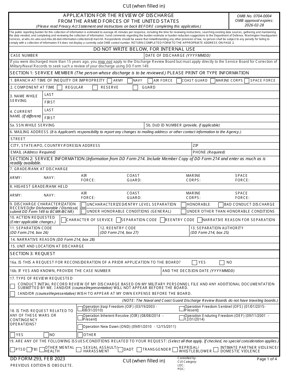 DD Form 293 Application for the Review of Discharge From the Armed Forces of the United States, Page 1