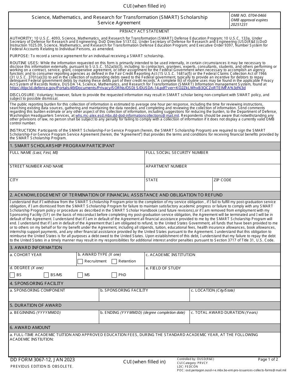 DD Form 3067-12 Science, Mathematics, and Research for Transformation (Smart) Scholarship Service Agreement, Page 1