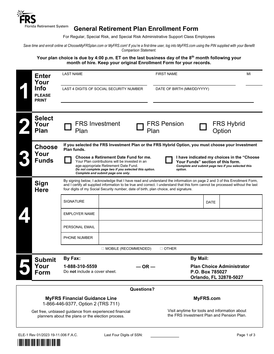 Form ELE-1 General Retirement Plan Enrollment Form for Regular, Special Risk, and Special Risk Administrative Support Class Employees - Florida, Page 1