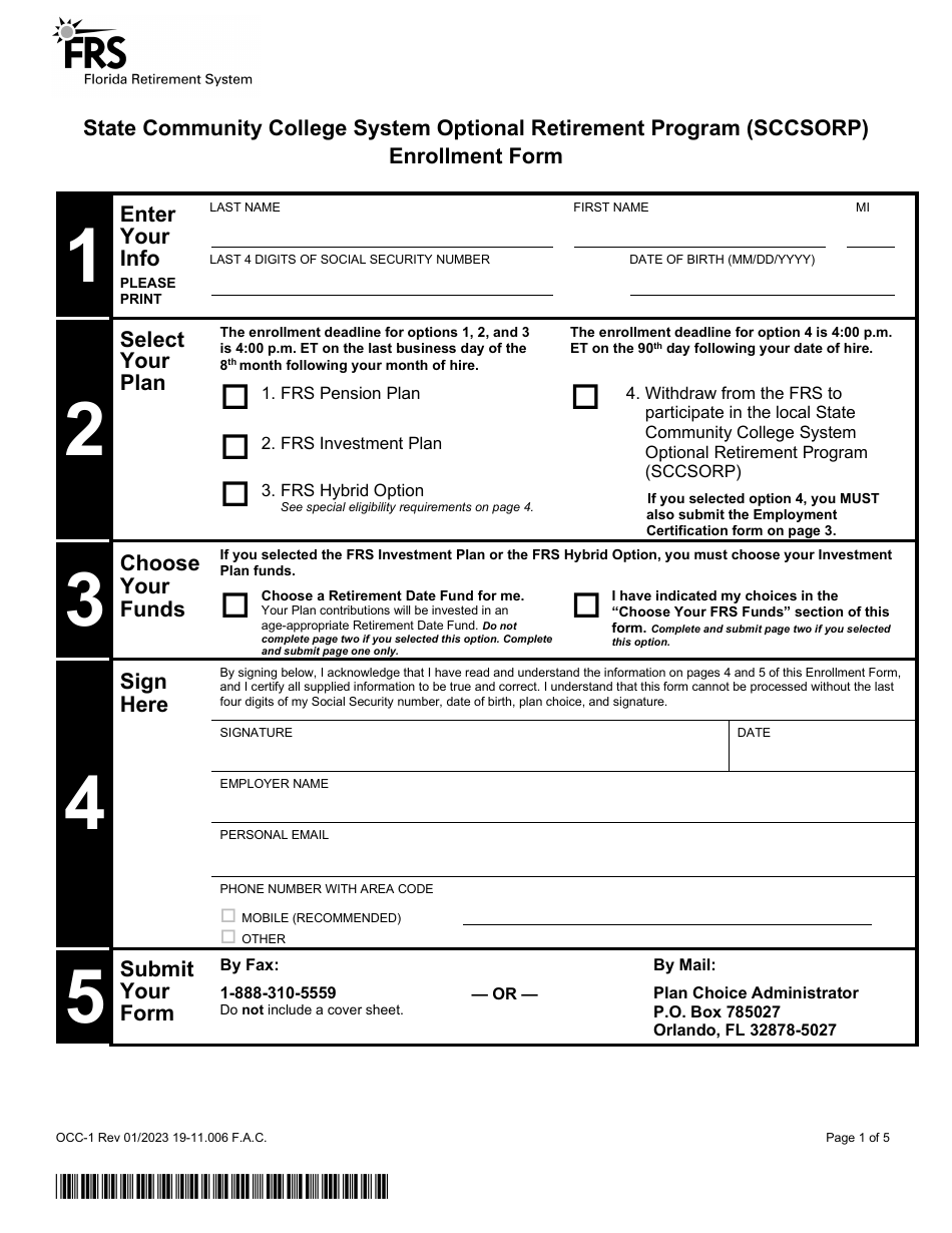 Form OCC-1 State Community College System Optional Retirement Program (Sccsorp) Enrollment Form - Florida, Page 1