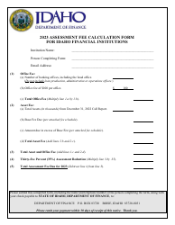 Assessment Fee Calculation Form for Idaho Financial Institutions - Idaho, 2023