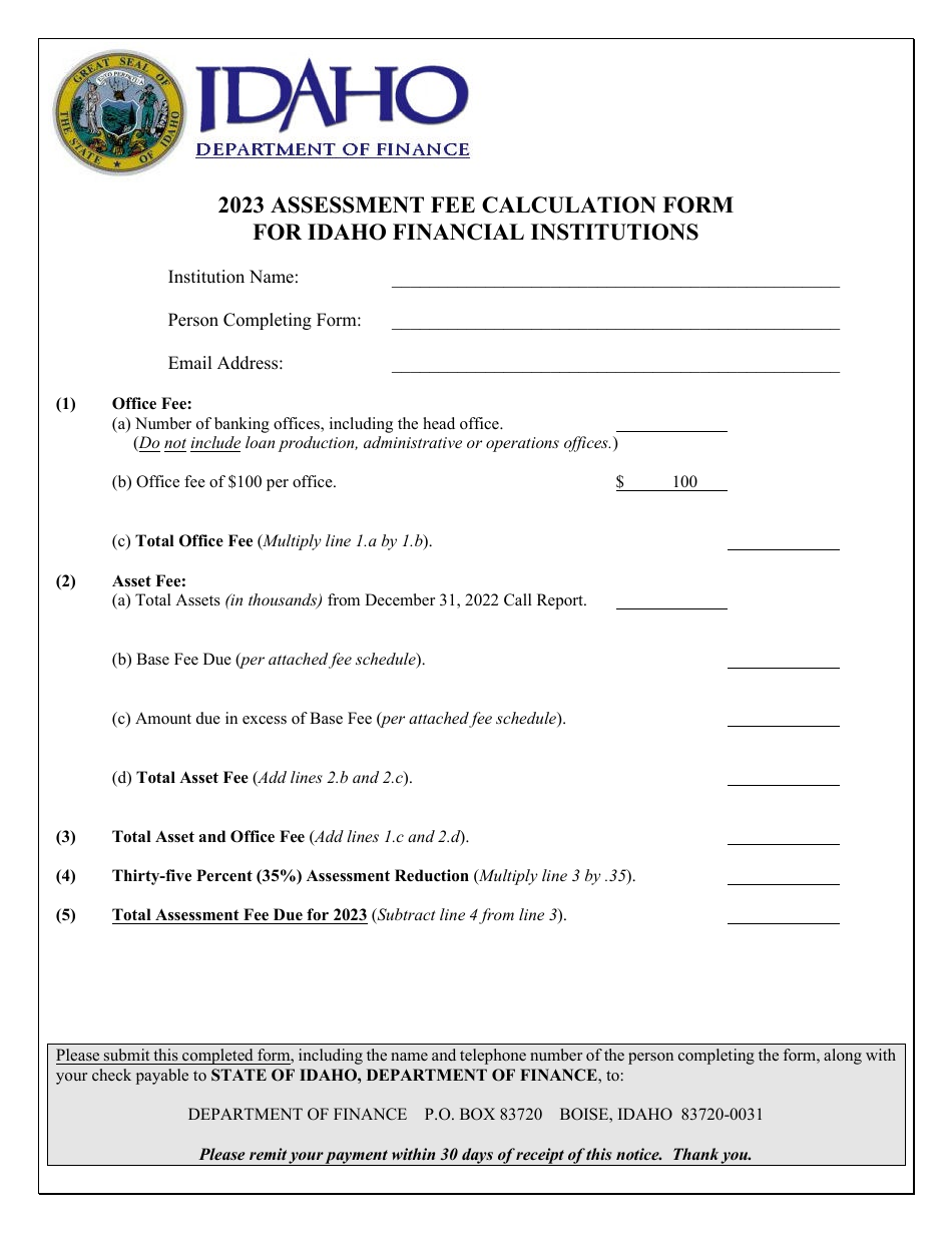 Assessment Fee Calculation Form for Idaho Financial Institutions - Idaho, Page 1
