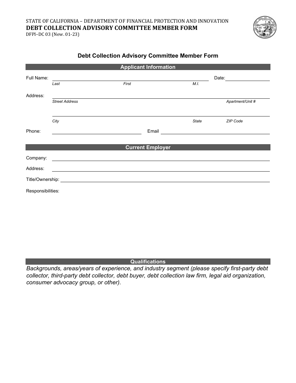 Form DFPI-DC03 Debt Collection Advisory Committee Member Form - California, Page 1