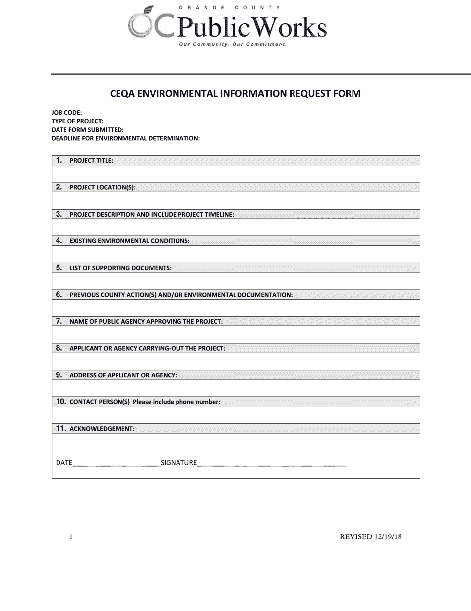 Ceqa Environmental Information Request Form - Orange County, California, Page 1