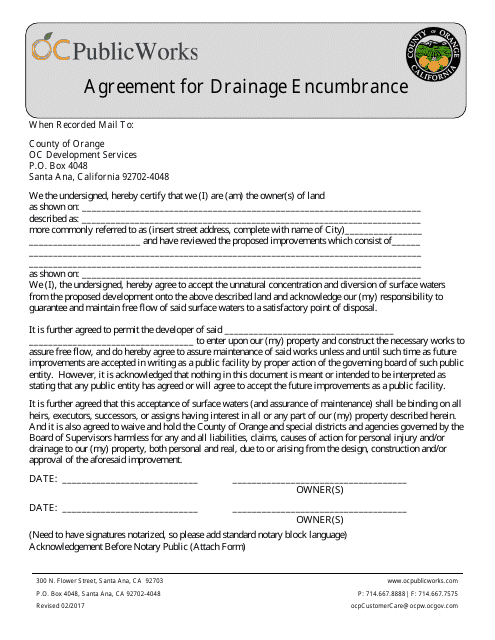 Agreement for Drainage Encumbrance - City of Orange, California