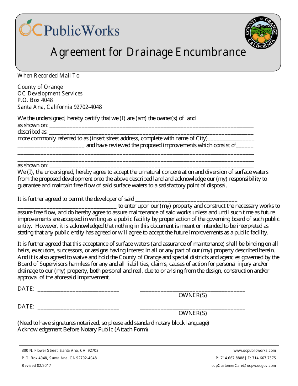 Agreement for Drainage Encumbrance - City of Orange, California, Page 1