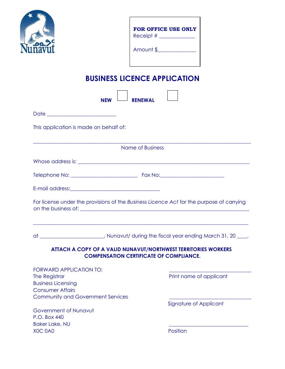 Business Licence Application - Nunavut, Canada, Page 1