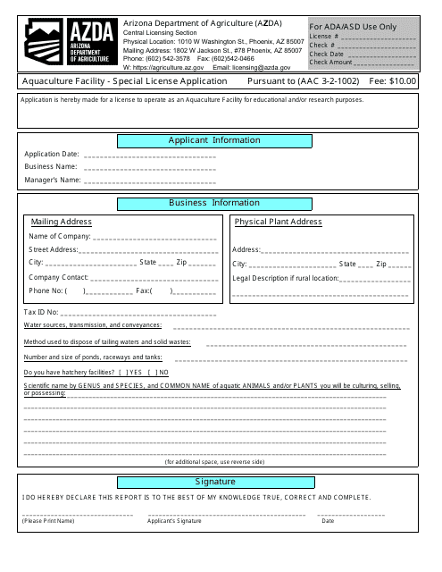 Aquaculture Facility - Special License Application - Arizona Download Pdf