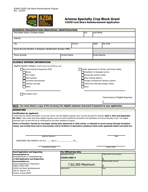 Covid Cost Share Reimbursement Application - Arizona Specialty Crop Block Grant - Arizona Download Pdf