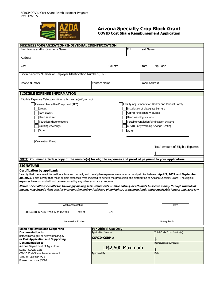 Covid Cost Share Reimbursement Application - Arizona Specialty Crop Block Grant - Arizona, Page 1