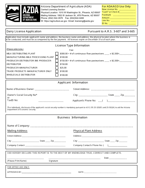 Dairy License Application - Arizona