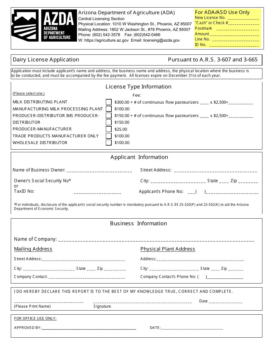 Dairy License Application - Arizona, Page 1