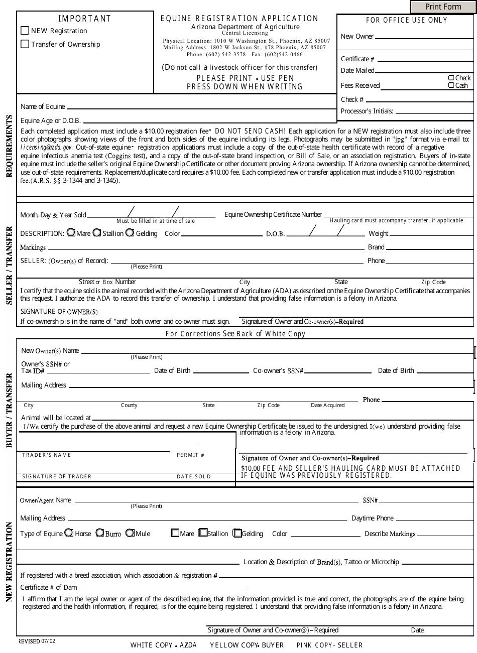 Equine Registration Application - Arizona, Page 1