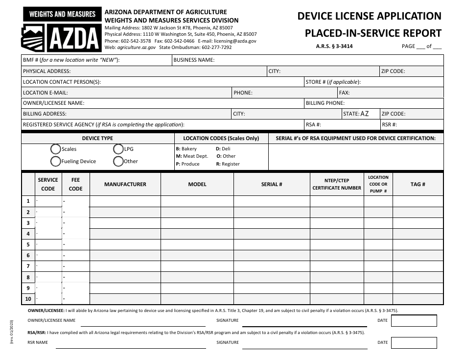 Device License Application Placed-in-service Report (Pisr) - Arizona, Page 3