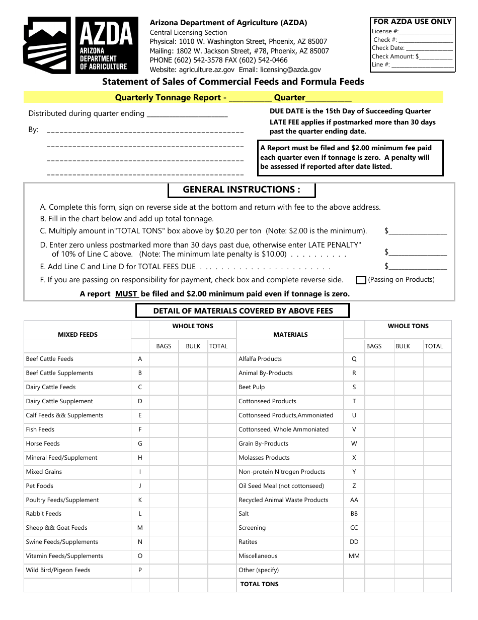 Arizona Statement of Sales of Commercial Feeds and Formula Feeds - Fill ...