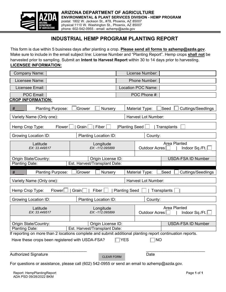 Industrial Hemp Program Planting Report - Arizona, Page 1