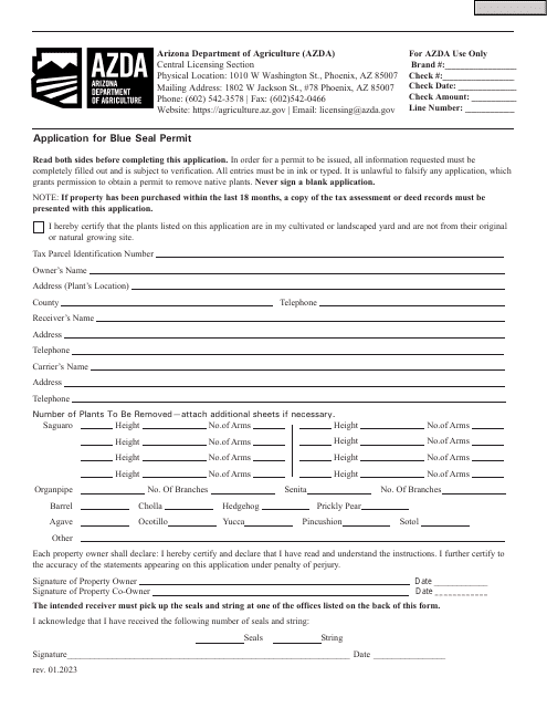 Application for Blue Seal Permit - Arizona