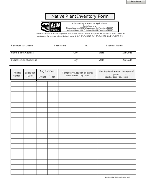 Form NPIF Native Plant Inventory Form - Arizona