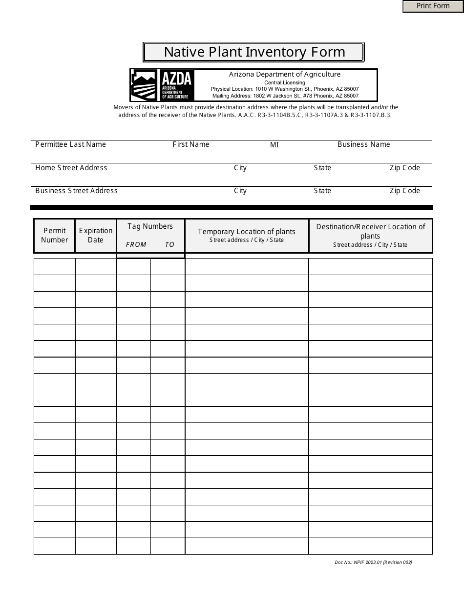Form NPIF Native Plant Inventory Form - Arizona, Page 1