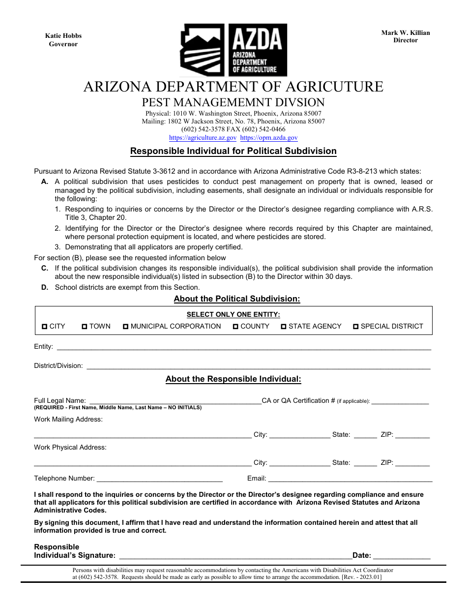 Responsible Individual for Political Subdivision - Arizona, Page 1