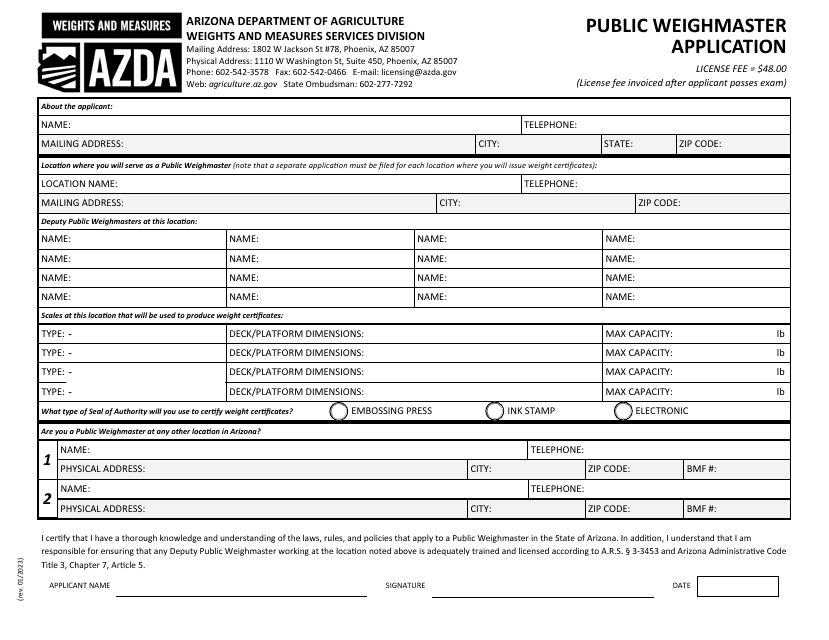 Public Weighmaster Application - Arizona Download Pdf