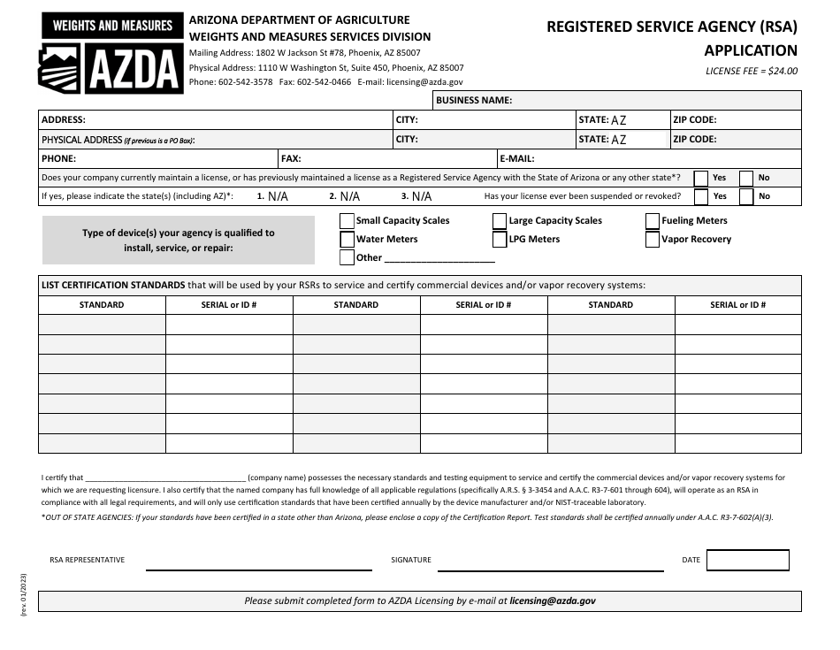 Registered Service Agency (Rsa) Application - Arizona, Page 1