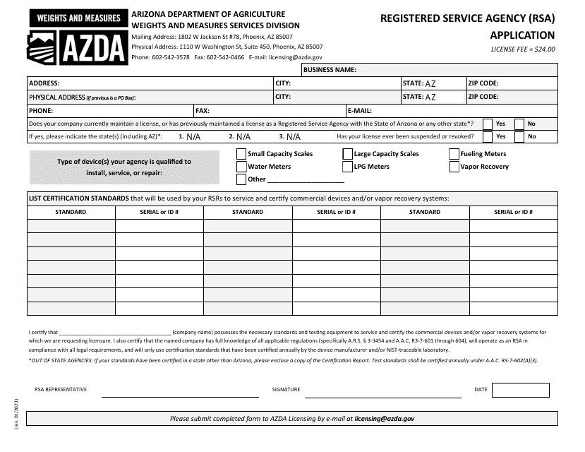 Registered Service Agency (Rsa) Application - Arizona Download Pdf