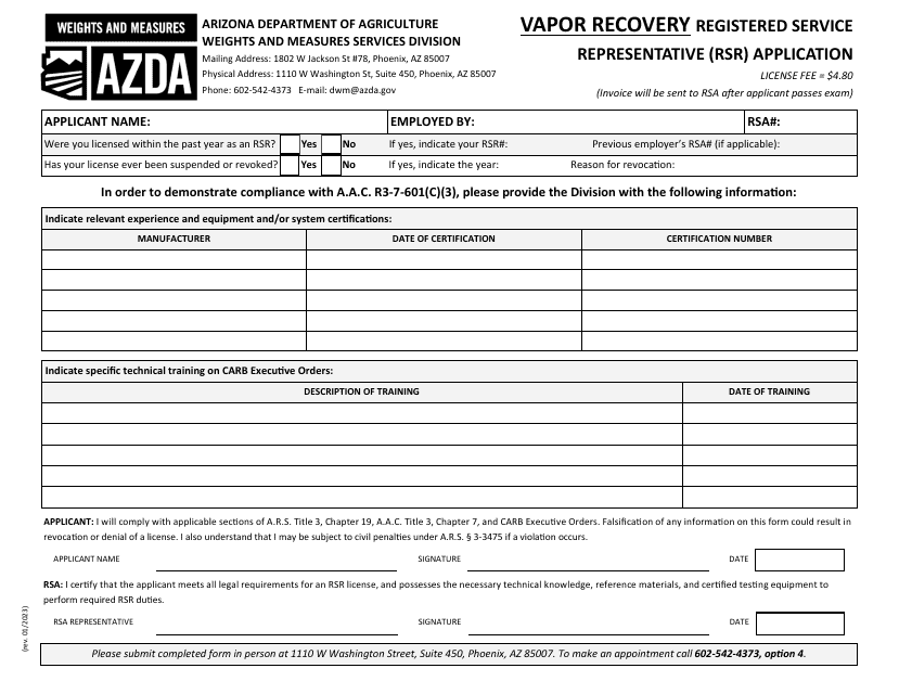 Vapor Recovery Registered Service Representative (Rsr) Application - Arizona Download Pdf