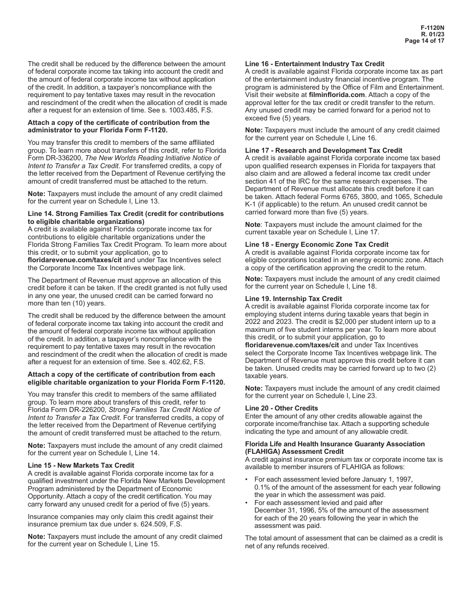 Download Instructions for Form F1120 Florida Corporate