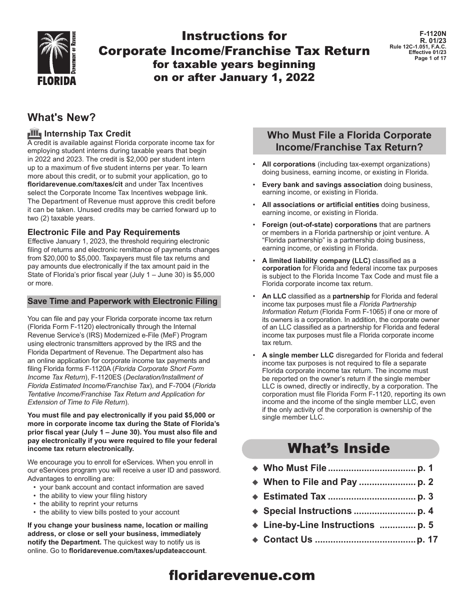 Instructions for Form F-1120 Florida Corporate Income / Franchise Tax Return - Florida, Page 1