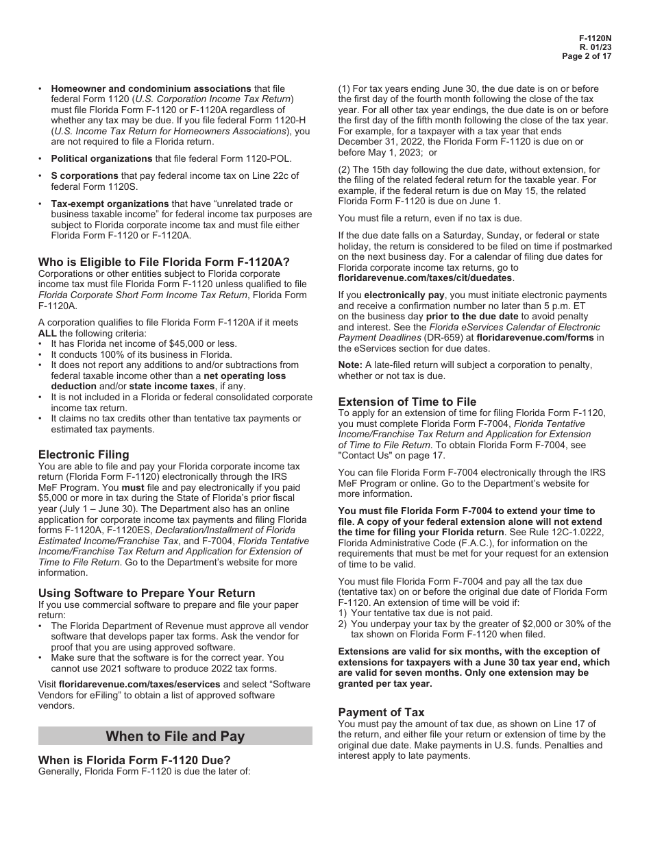 Download Instructions for Form F1120 Florida Corporate