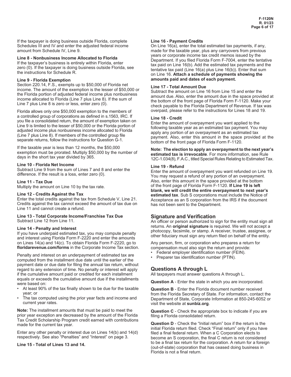 Instructions for Form F-1120 Florida Corporate Income / Franchise Tax Return - Florida, Page 6