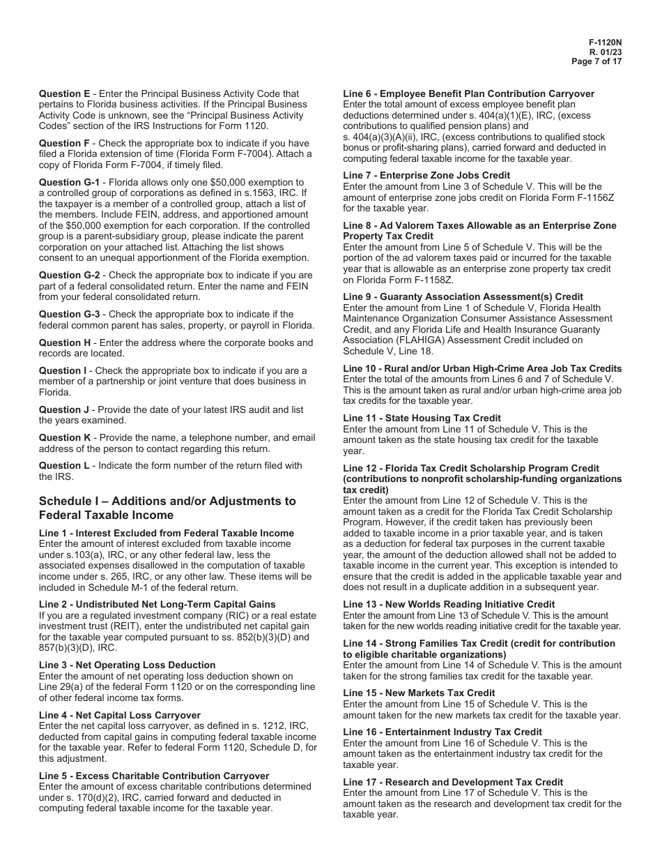 Instructions for Form F-1120 Florida Corporate Income / Franchise Tax Return - Florida, Page 7