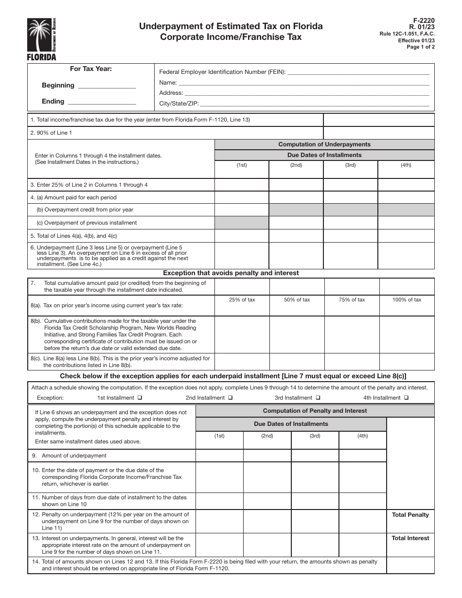 Form F-2220 Underpayment of Estimated Tax on Florida Corporate Income / Franchise Tax - Florida, Page 1