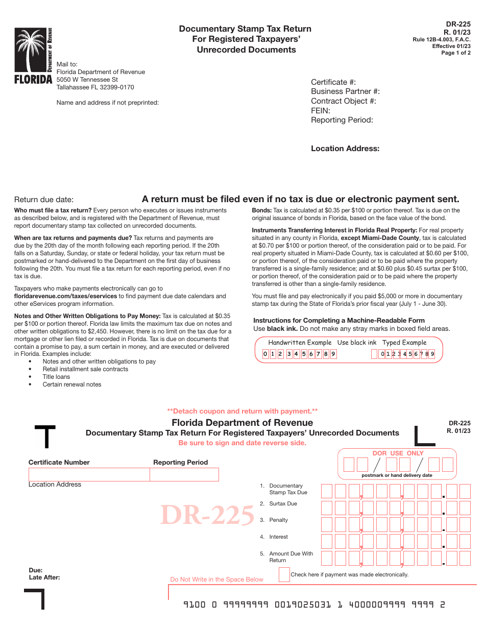 Form DR-225 Documentary Stamp Tax Return for Registered Taxpayers Unrecorded Documents - Florida, Page 1