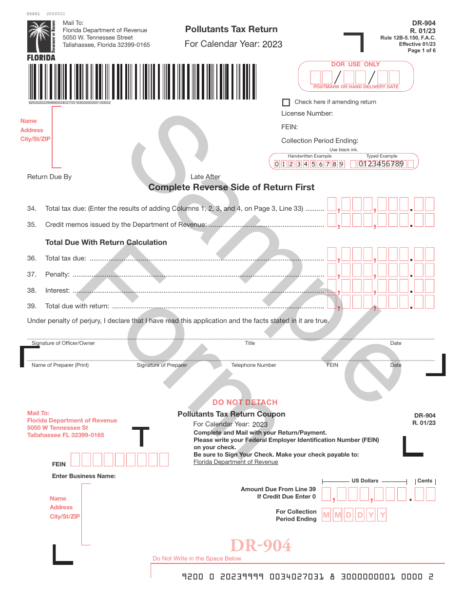 Form DR-904 Pollutants Tax Return - Sample - Florida, Page 1
