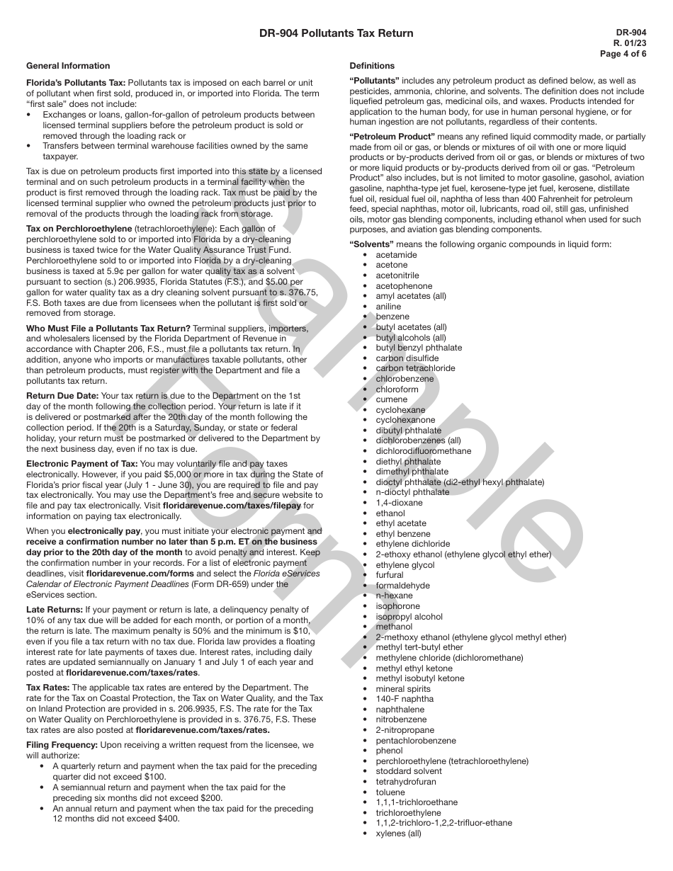 Form DR-904 Pollutants Tax Return - Sample - Florida, Page 4