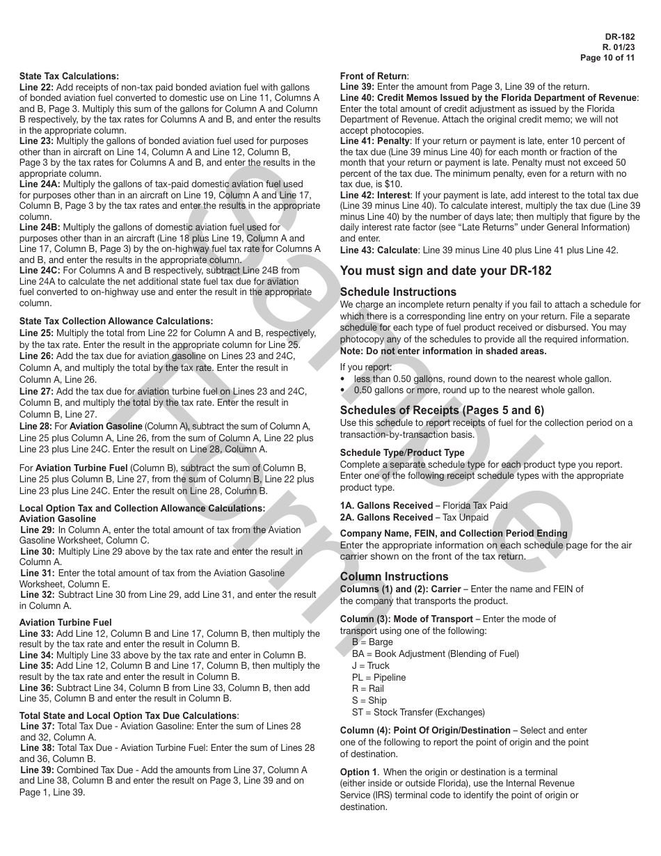 Form DR-182 Florida Air Carrier Fuel Tax Return - Sample - Florida, Page 10