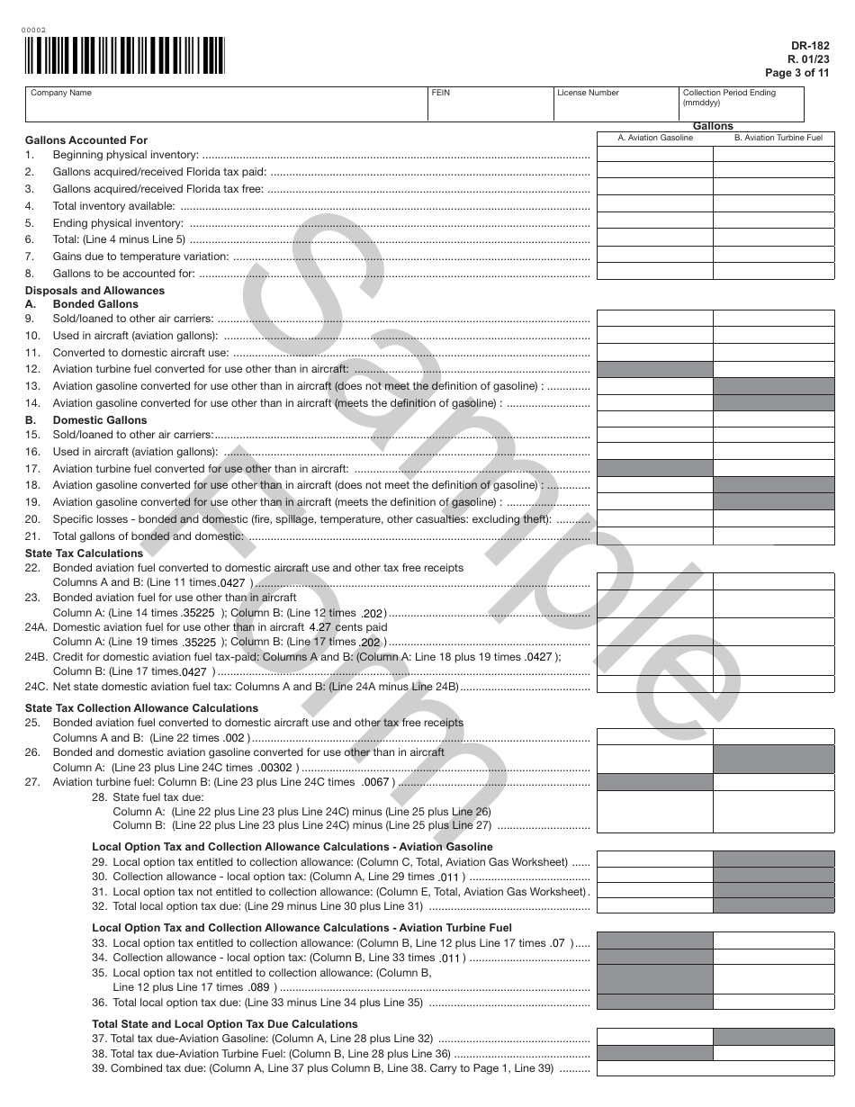 Form DR-182 Florida Air Carrier Fuel Tax Return - Sample - Florida, Page 3